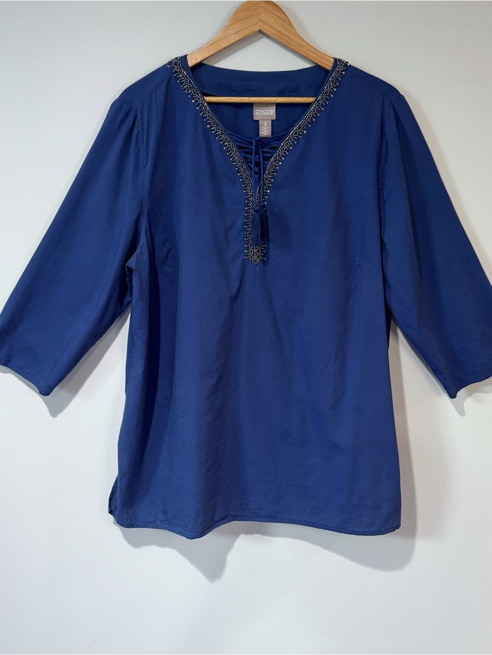 Chico's Blue Beaded Tassel Tunic Top 3/4 Sleeve 100% Cotton Boho Peasant Sz 3/XL